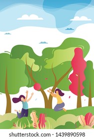 Happy Family Play Ball in Forest Illustration. Cartoon Mother with Daughter or Two Sisters Have Fun on Nature. Summertime Recreation, Rest and Active Games. Vector Flat Banner or Mobile Ads Template
