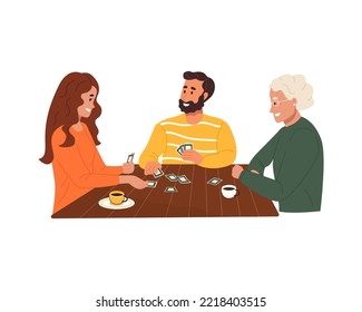 Happy Family Play Cards Games, Sitting At Table Together. Young Adult And Old People Players During Boardgame At Home. Weekend Entertainment. Flat Vector Illustration