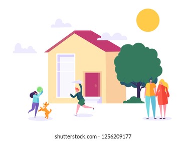 Happy Family Play at Home. Children and Parents stand near New House. Father, Mother, Son and Daughter Together Outdoors. Dream Lifestyle Concept. Flat Character Vector Illustration