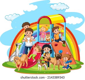 Happy family at playground on rainbow background illustration