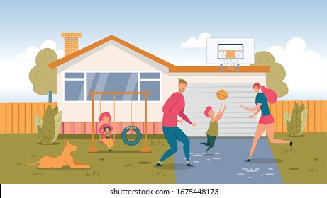 Happy Family Playing Ball On Backyard At Home. Young Father Mother And Schoolboy Son Play Basketball Game. Little Daughter With Toy Doll Swing. Weekend Together. Activity, Sport. Vector Illustration