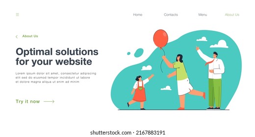 Happy family playing with balloon outside together. Mother holding string of balloon, cheerful father and daughter flat vector illustration. Family, outdoor activity, leisure concept for banner