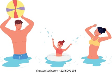 Happy family playing beach ball in water together isolated on white background