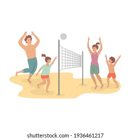 Happy Family Playing Beach Volleyball. Vector Illustration.