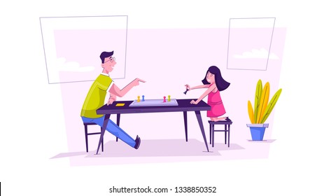 Happy Family Playing Board Game at Home. Vector illustration - Vector