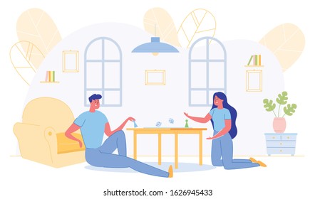 Happy Family Playing Board Game at Home. Man and Woman Sitting at Table in Living Room Having Fun Together. Entertainment and Leisure Pastime, Home Sparetime and Hobby Cartoon Flat Vector Illustration