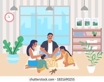 Happy family playing board game together sitting on the floor in living room, flat vector illustration. Parents with kids enjoying free time with playing tabletop game at home. Family relationship.