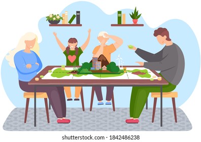 Happy family is playing board game. Parents and child spending evening time together at home. Game about landscape and environment. Girl is angry because of the loss. Mock up of the city on table