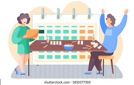 Happy family playing board game. The guy rejoices in the victory. Couple in love spending time at home. Group of people playing cards. Schedule or calendar in the background. Girl stands with laptop