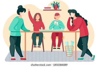 Happy family is playing a board game. Children sitting with cards in their hands. Girls are planning layout on the table. The boy is angry about the loss. Parents and children spending time together