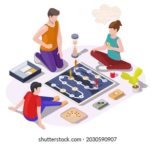 Happy family playing board game sitting on the floor, flat vector isometric illustration. Parents with kid spending time together, playing table game and having fun. Home leisure activities.