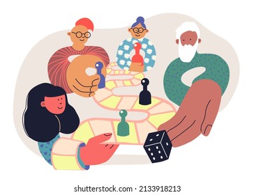 Happy Family Playing A Board Game. Friends Have Fun Together. Snake Way Game With Dice. Flat Style Sketch Illustration