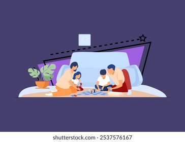 Happy family playing board games vector illustration. Parents and children playing chess and cards, having fun together at home. Family reunion, parenting, quality time, entertainment concept