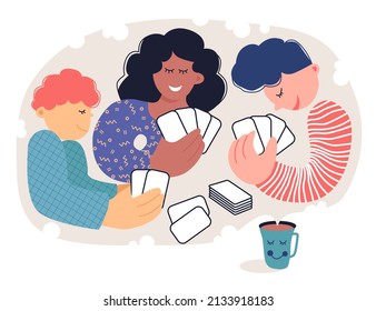 Happy family playing a card game. Friends have fun together. Flat style sketch illustration
