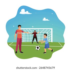 Família feliz jogando futebol em campo em um dia ensolarado. O menino chuta a bola e a mãe como goleira.