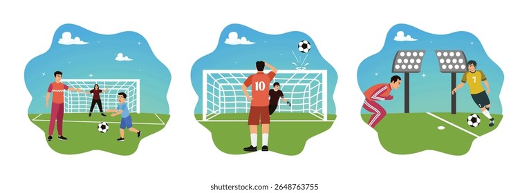 Família feliz jogando futebol em campo em um dia ensolarado. Uma partida de futebol tensa. O jogador de futebol chuta a bola em direção ao gol, o goleiro tenta frustrar o chute do adversário.