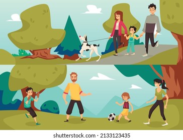 Happy family playing football outside and walking with dog, flat vector illustration. Set of scenes with parents and children having fun in nature. Concept of holiday and weekend recreations.