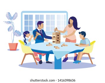 Happy Family Playing at Home Flat Cartoon. Tower Game for Parents and Children. Mom, Dad and Kids Gaming Wooden Block Stack Balance Risk Puzzle Toy Sitting around Table. Vector Illustration