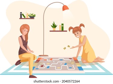 Happy family playing at home spend time together. Mother and daughter have fun with table game, entertainment for parents and children, gaming at home. Playing with children, family entertainment