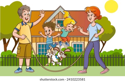 Feliz familia jugando saltando una cuerda frente a su casa. Ilustración vectorial.