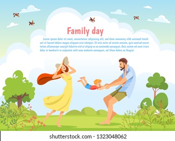 Happy family playing in the nature on a sunny day. Poster, card family day. Concept of friendly family and Parenthood child-rearing walking with kids in nature. Vector cartoon illustration.