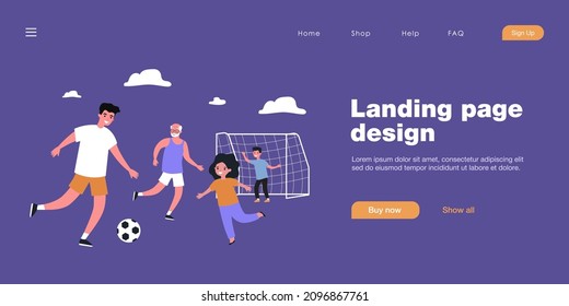 Happy family playing soccer in backyard. Dad, children and grandfather playing football outside flat vector illustration. Family, outdoor activity, sports concept for banner or website design