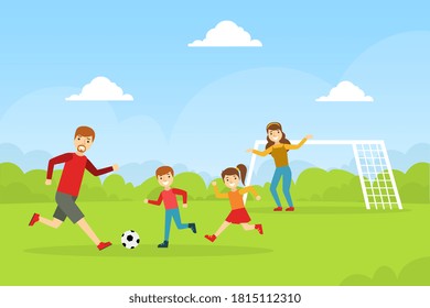 Happy Family Playing Soccer Outdoors, Mother, Father, Daughter and Son Spending Time Together Cartoon Vector Illustration