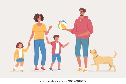 Happy family playing some funny game with ball. Cute father, mother, son, daughter and dog cartoon vector illustration