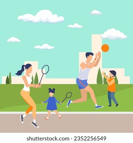 Happy family playing sport in public park. Father, mother, son and daughter playing badminton and basketball in the park. 2d cartoon character in a park.