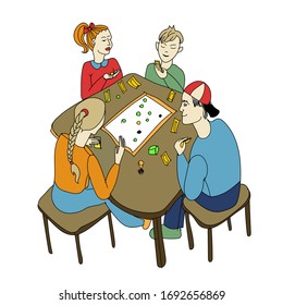 Happy family playing a table game at coronavirus quarantine. Mother, father and two children sitting on wooden chairs, spending time with pleasure. Vector stock illustration in cartoon style.