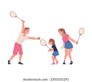 Happy family playing tennis. Smiling mom, dad and their daughter doing sports together cartoon vector illustration