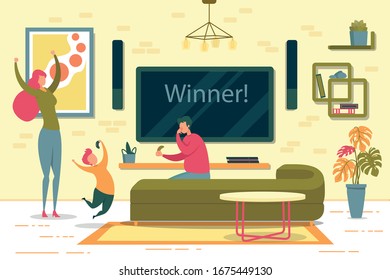 Happy Family Playing Video Game Together at Home. Father and Mother Congratulating Son with Win. Parent and Child Having Fun on Weekend. Winner Lettering on TV-Set Screen. Vector Illustration