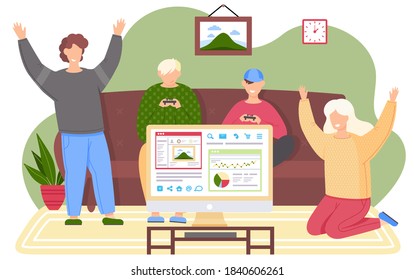 Happy family playing video games. Mom dad and sons gaming with gamepad controller, holding joystick in hands flat design. Family weekend, parents spend time with children playing a computer game