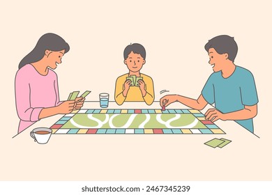 Happy family plays board game, holding cards and moving through colorful maps, spending free time together. Friendly mom and dad, together with son, are passionate about board game during weekend