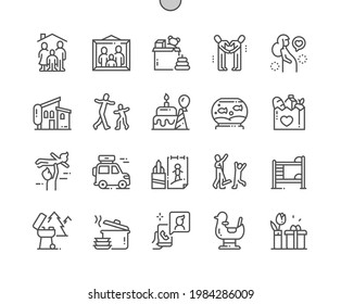 Happy Family. Plays with kid. Cleaning and sing. Pregnancy, parents, baby, children, parenthood. Pixel Perfect Vector Thin Line Icons. Simple Minimal Pictogram