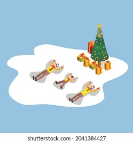 Happy family plays in snow 3d isometric vector illustration concept for banner, website, landing page, ads, flyer