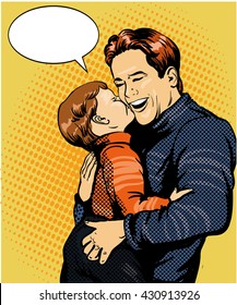 Happy family pop art vector illustration. Father with son retro style concept.