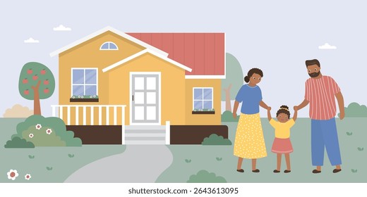 Happy family portrait. African american man, woman and child stand before house. Single cottage, rustic house. Parents and cute girl. Friendship, happiness and family values. flat vector illustration