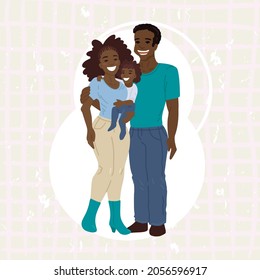 Happy family portrait, African American,parents. Father's mother hug the child. Card concept for the holiday family day. Vector flat cartoon illustration