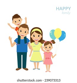 Happy Family Portrait With Cheerful Children Together Isolated On White. Vector Illustration Of Smiling Dad, Mom And Two Teen Kids With Balloons