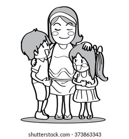 Happy family portrait with cheerful children together isolated on white. Vector illustration of smiling family, mom and two teen kids