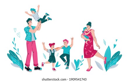 Happy Family Portrait With Cheerful Smiles, Cartoon Vector Illustration Isolated On White Background. Cartoon Characters Of Mother, Father And Children At Decorative Backdrop.