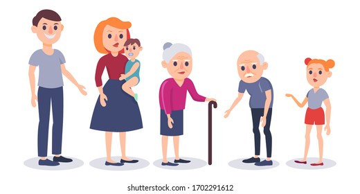 Happy family portrait. Colorful flat design vector illustration. Father, mother, grandfather, grandmother and children. Dad, mom, son, daughter, grandma and grandpa