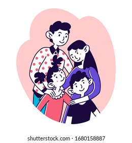 Happy family portrait. Couple hugging to kids flat vector illustration. Unity, love, togetherness concept for banner, website design or landing web page