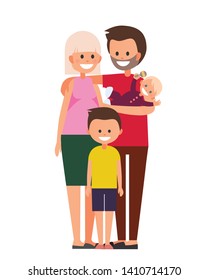 Happy family portrait. Father, mother and children. The life cycle. Generation of people and stages of growing up. Happy couple in love story vector illustration. Flat stile people illustration. 