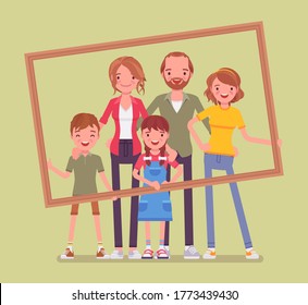 Happy family portrait. Father, mother, son and daughter, teen posing in one picture frame together. Positive friendly smiling people in love, home harmony. Vector flat style cartoon illustration