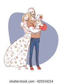 Happy family portrait. Father, mother and daughter. A woman in a long dress hugging a man with a child on the hand. Gentle and loving family. The center for family planning