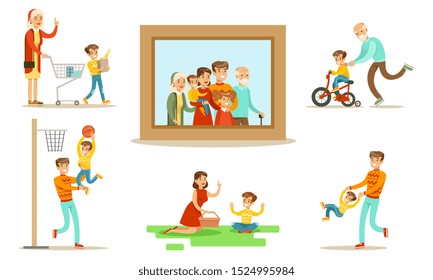 Happy Family Portrait, Grandparents, Parents and Children Having Good Time Together Set Flat Vector Illustration