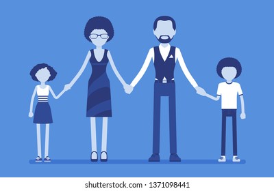 Happy family portrait. Group of two married parents and children living together in unit, mother, father, son, daughter holding hands, enjoy good relationship. Vector illustration, faceless characters