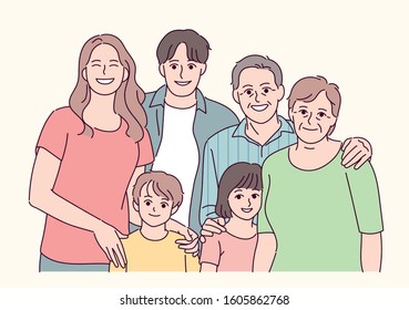 Retrato de família feliz. ilustrações de design vetorial de estilo desenhado à mão. 